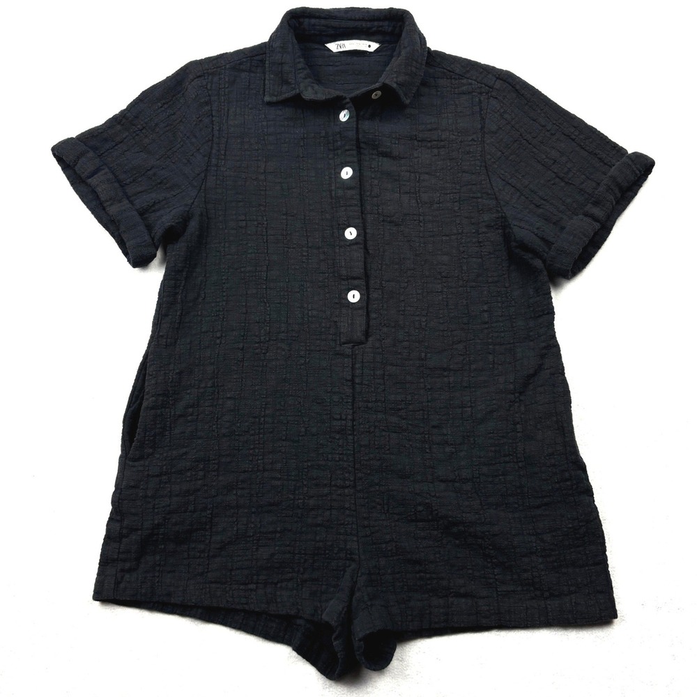 Zara Romper Womens Medium Black Textured Double Gauze Cotton Button Playsuit M